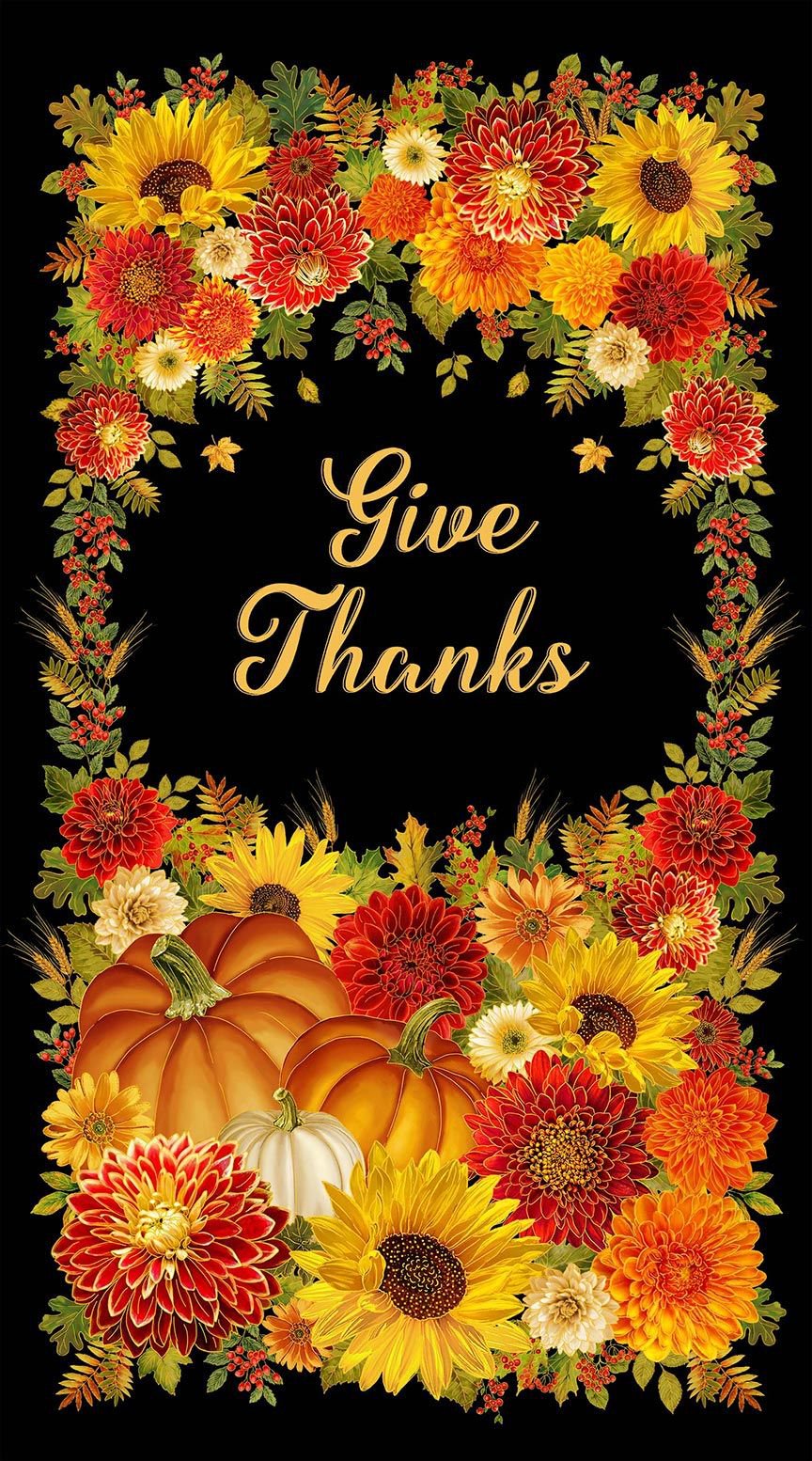 Give Thanks Metallic Panel 24" Black Timeless Treasures Cotton Fabric TT-PANEL-CM4130-BLACK