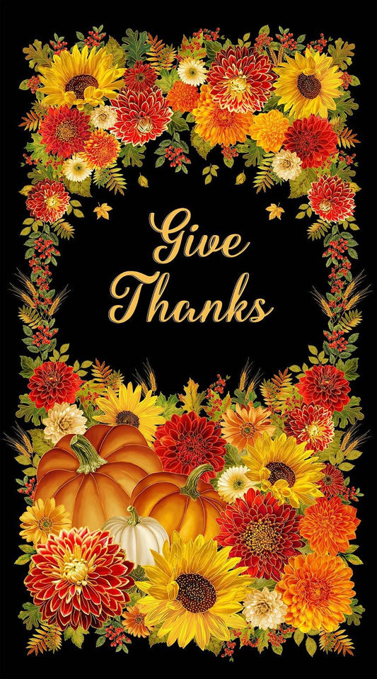 Give Thanks Metallic Panel 24" Black Timeless Treasures Cotton Fabric TT-PANEL-CM4130-BLACK