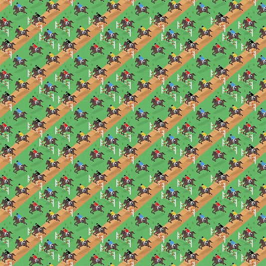 Global Games Race Horses Equestrian Green Paintbrush Studio Cotton Fabric PBS-120-25153