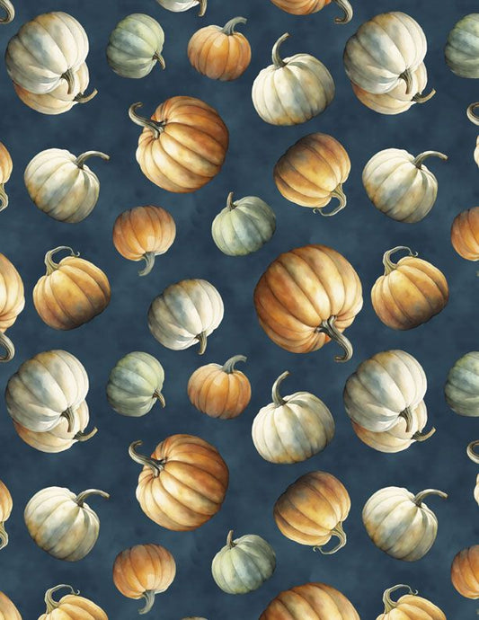 Glorious Fall Tossed Pumpkins Dark Blue Nancy Mink Wilmington Prints Cotton Fabric WP-1665-33911-418