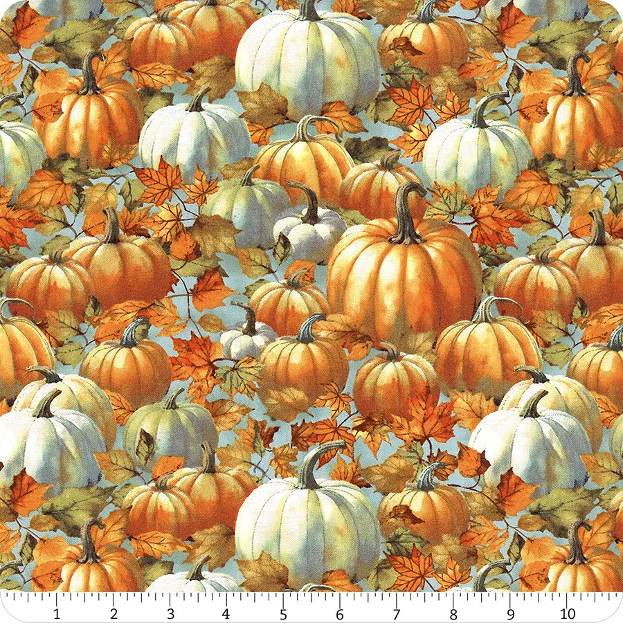 Glorious Fall Pumpkins and Autumn Leaves Blue Nancy Mink Wilmington Prints Cotton Fabric WP-1665-33909-481