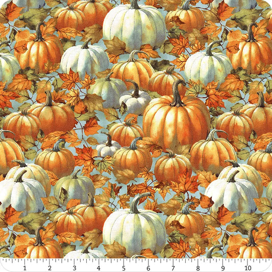 Glorious Fall Pumpkins and Autumn Leaves Blue Nancy Mink Wilmington Prints Cotton Fabric WP-1665-33909-481