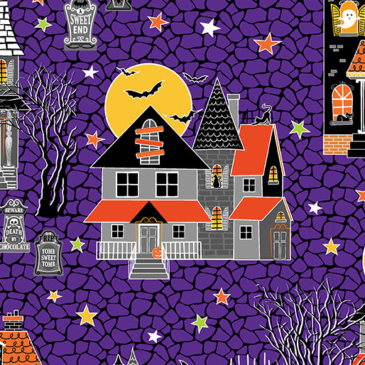 Glow-O-Ween Haunted Houses Purple Glow the Dark Kanvas Studio Benartex Cotton Fabric