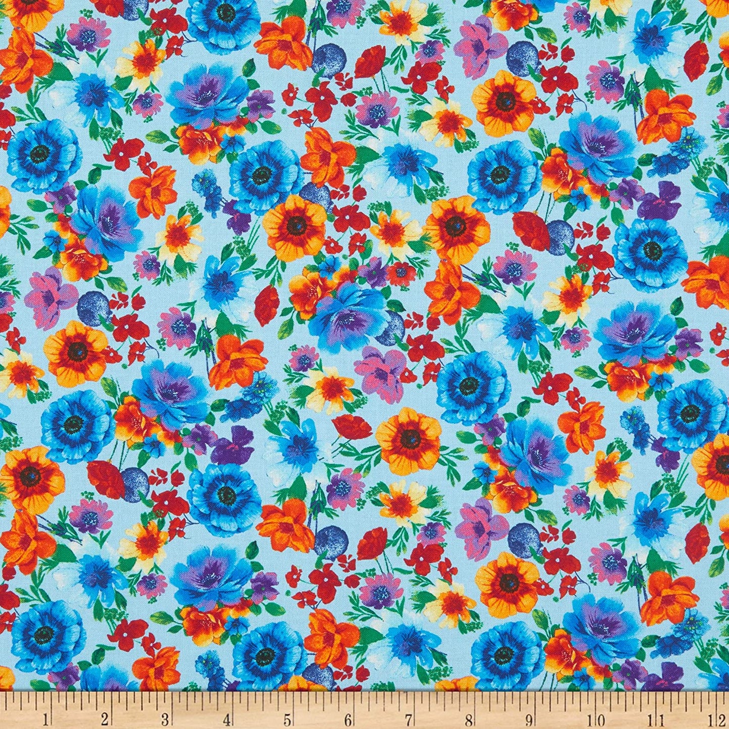 Glow Rainbow Tossed Flowers Fleur Aqua Timeless Treasures Cotton Fabric -