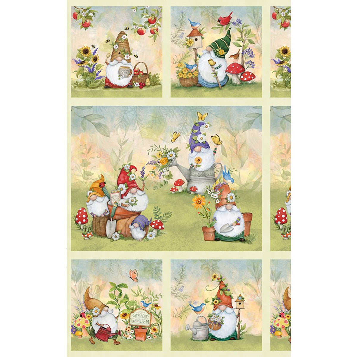 Gnome and Garden Gardening Gnomes Panel 24” Susan Winget Wilmington Prints Cotton Fabric