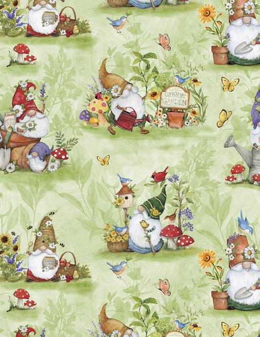 Gnome and Garden Gnomes All Over Green Susan Winget Wilmington Prints Cotton Fabric