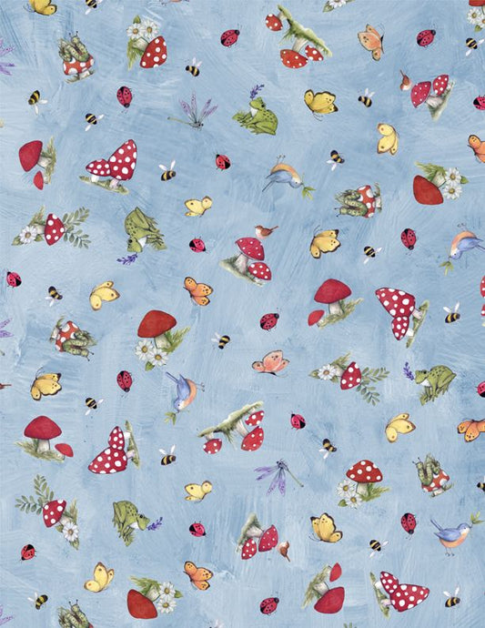 Gnome and Garden Mushroom Toss Blue Susan Winget Wilmington Prints Cotton Fabric