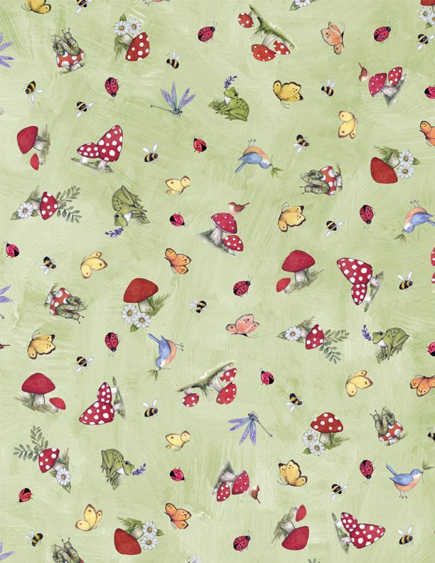 Gnome and Garden Mushroom Toss Green Susan Winget Wilmington Prints Cotton Fabric