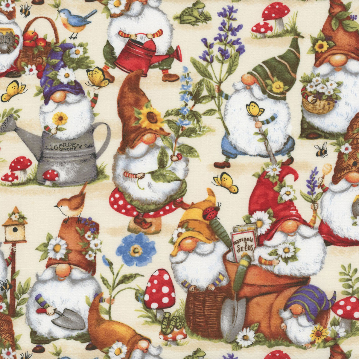 Gnome and Garden Packed Gnomes Multi Susan Winget Wilmington Prints Cotton Fabric