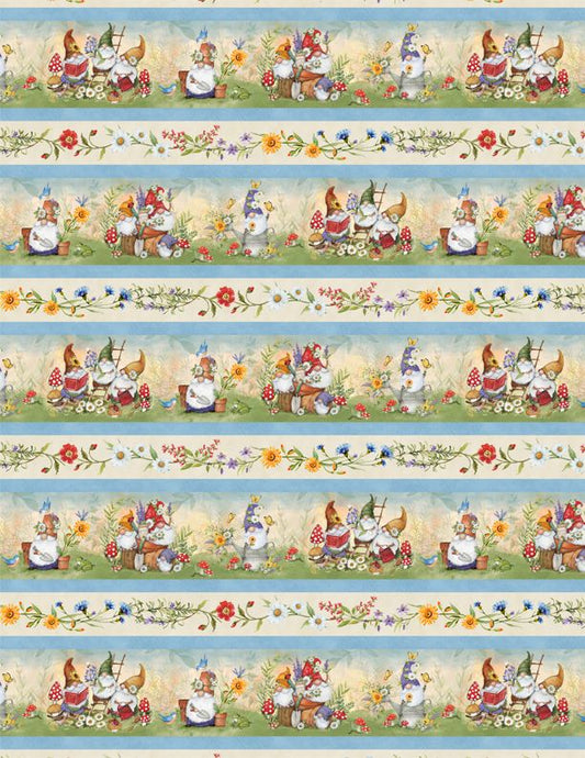 Gnome and Garden Repeating Stripe Multi Susan Winget Wilmington Prints Cotton Fabric