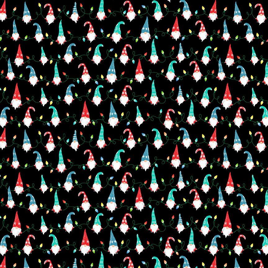 Gnome Christmas Gnome String Lights Black Timeless Treasures Cotton Fabric