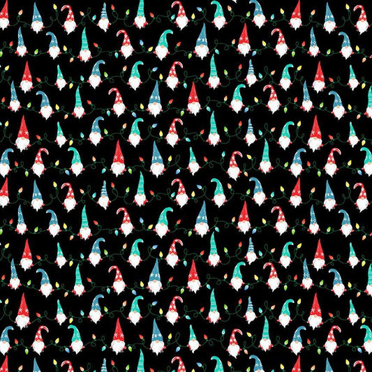 Gnome Christmas Gnome String Lights Black Timeless Treasures Cotton Fabric