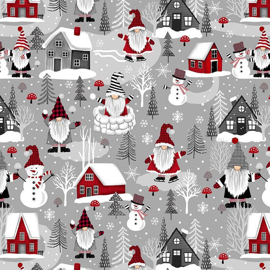 Gnome the Holidays Winter Gnomes Town Grey Gail Cadden Timeless Treasures Cotton Fabric