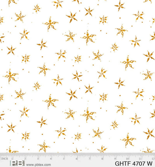 Gnomes Home Tree Farm Metallic Gold Stars White Audry Jeanne P&B Textiles Cotton Fabric