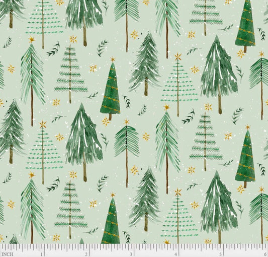 Gnomes Home Tree Farm Trees Metallic Green Audry Jeanne P&B Textiles Cotton Fabric