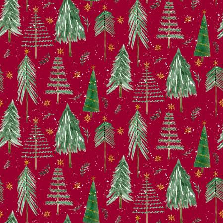 Gnomes Home Tree Farm Trees Metallic Red Audry Jeanne P&B Textiles Cotton Fabric