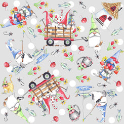 Gnomesville Gnome Vignette Toss Pale Grey Desiree's Designs Quilting Treasures Cotton Fabric