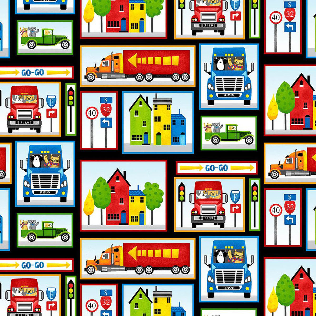 Go-Go Patchwork Town Trucks Animals Black Kate Mawdsley Henry Glass Cotton Fabric