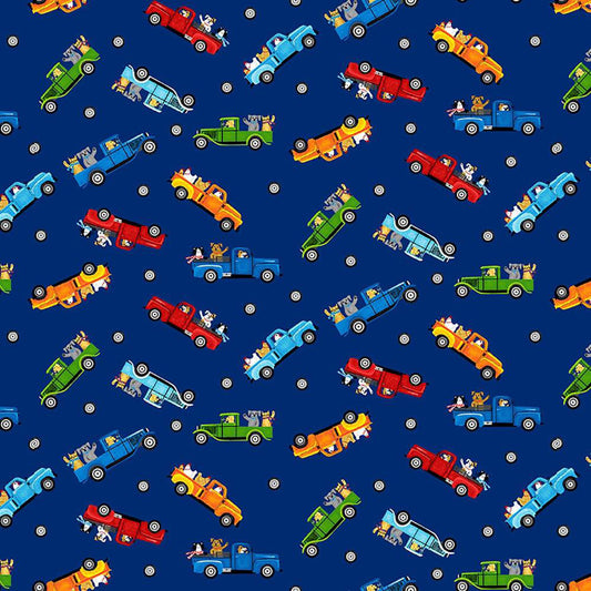 Go-Go Small Tossed Trucks Royal Blue Kate Mawdsley Henry Glass Cotton Fabric