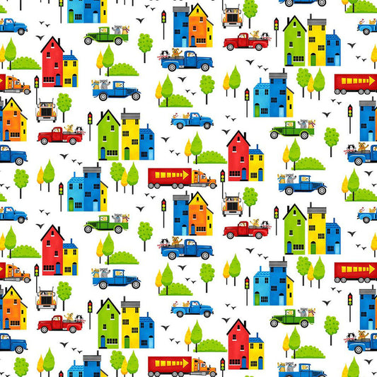 Go-Go Town Trucks Animals White Kate Mawdsley Henry Glass Cotton Fabric