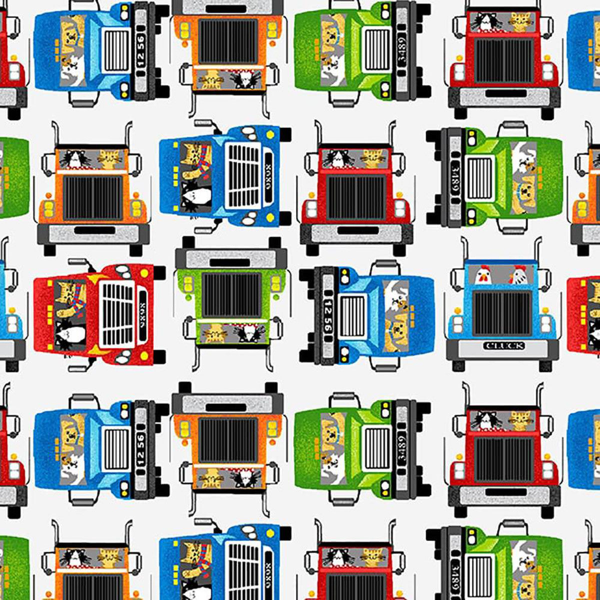 Go-Go Trucks Front View Allover Light Gray Kate Mawdsley Henry Glass Cotton Fabric