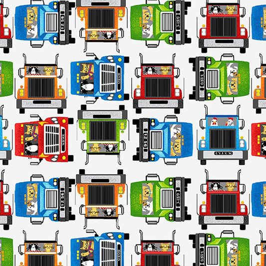 Go-Go Trucks Front View Allover Light Gray Kate Mawdsley Henry Glass Cotton Fabric