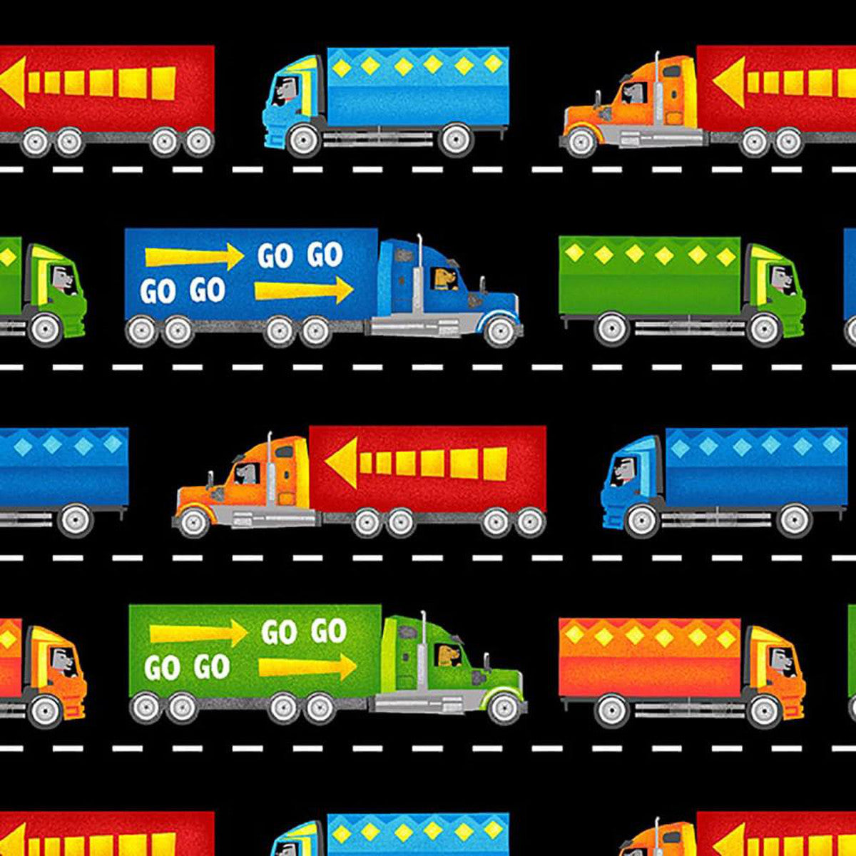 Go-Go Trucks on Road Black Kate Mawdsley Henry Glass Cotton Fabric