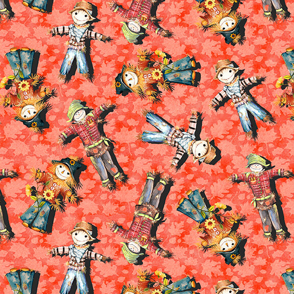 Golden Days Tossed Scarecrows Coral D DonFrancisco Blank Quilting Cotton Fabric