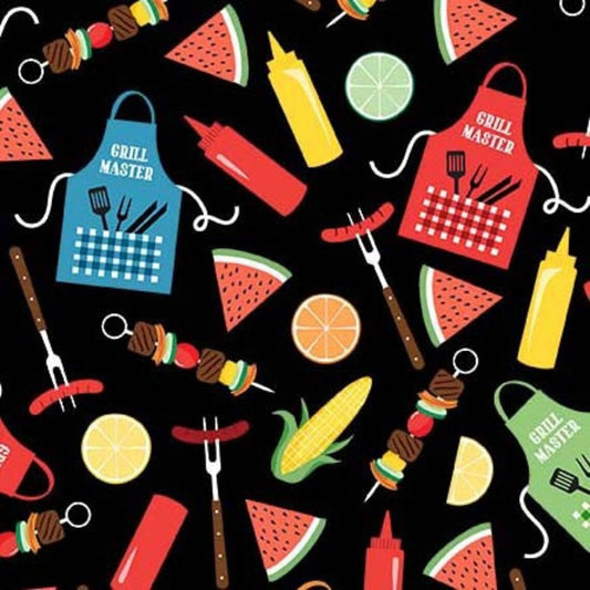 Good Eats BBQ Apron Grill Tossed Black Michael Miller Cotton Fabric MM-DCX10538-BLAC-D
