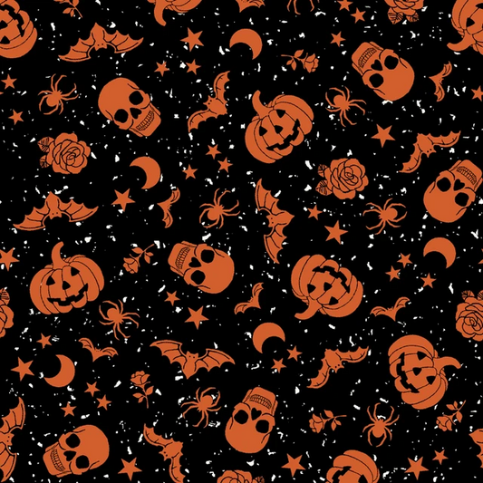 Goth Gardens Floating Pumpkins and Skulls Black Maywood Studio Cotton Fabric MS-MAS10852-J