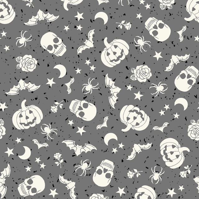Goth Gardens Floating Pumpkins and Skulls Grey Maywood Studio Cotton Fabric MS-MAS10852-K