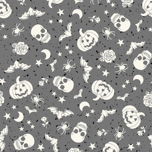 Goth Gardens Floating Pumpkins and Skulls Grey Maywood Studio Cotton Fabric MS-MAS10852-K