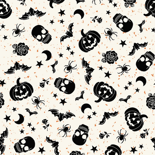 Goth Gardens Floating Pumpkins and Skulls White Maywood Studio Cotton Fabric MS-MAS10852-W