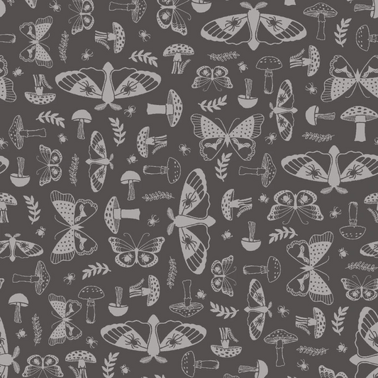 Goth Gardens Moths and Mushrooms Grey Maywood Studio Cotton Fabric MS-MAS10853-K