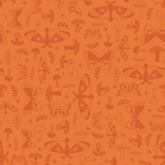 Goth Gardens Moths and Mushrooms Orange Maywood Studio Cotton Fabric MS-MAS10853-O