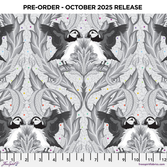 PRE-ORDER | OCT 2025 | Graywork Huffin & Puffin Whisper Gray Tula Pink Free Spirit Cotton Quilting Fabric FS-PWTP260.Whisper