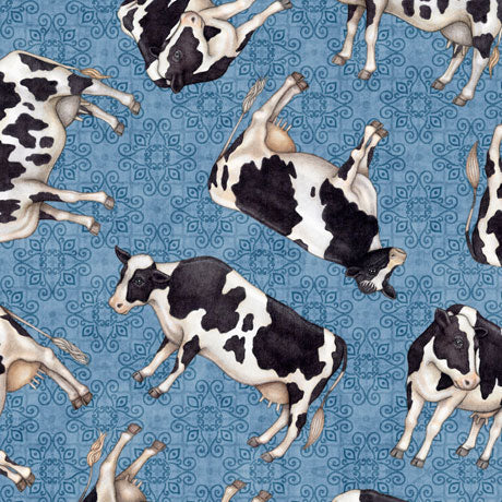 Greener Pastures Tossed Cows Blue Dan Morris Quilting Treasures Cotton Fabric