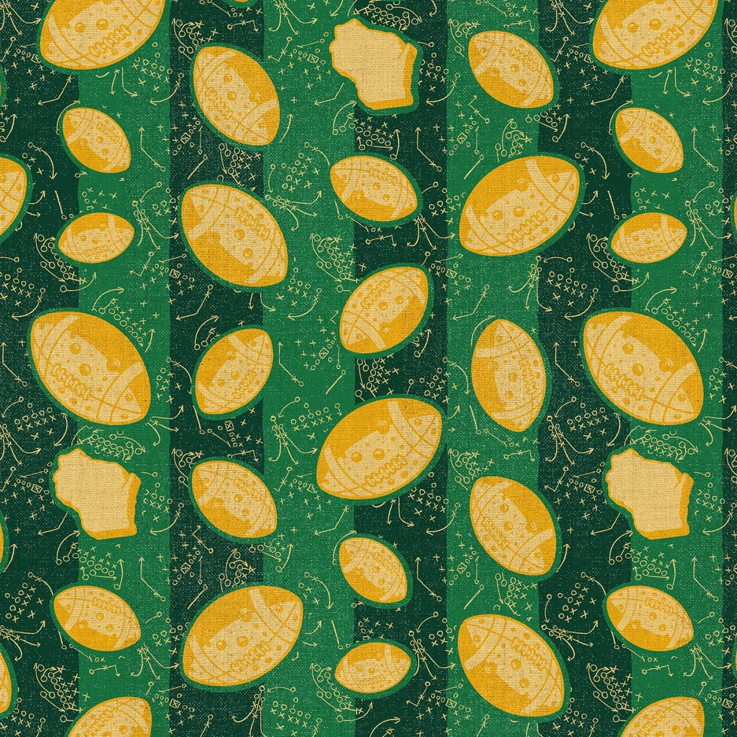 Gridiron Gold Cheese Footballs Plays Green Gold Paintbrush Studios Cotton Fabric PBS-120-26566