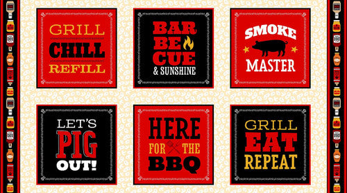 Grill & Chill Logo Words Block Print Panel 24" Emily Dumas Henry Glass Cotton Fabric