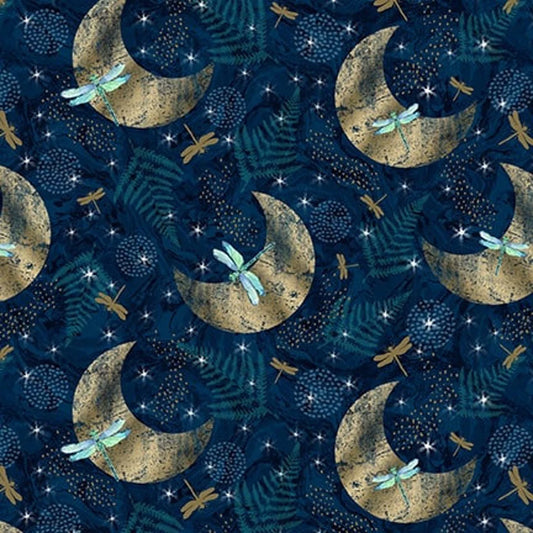 Gypsy Flutter Crescent Moons Dragonflies Dark Blue Elsie Ess Blank Quilting Cotton Fabric