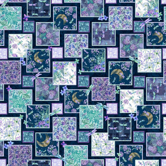 Gypsy Flutter Crescent Moons Dragonflies Flowers Patch Dark Blue Elsie Ess Blank Quilting Cotton Fabric