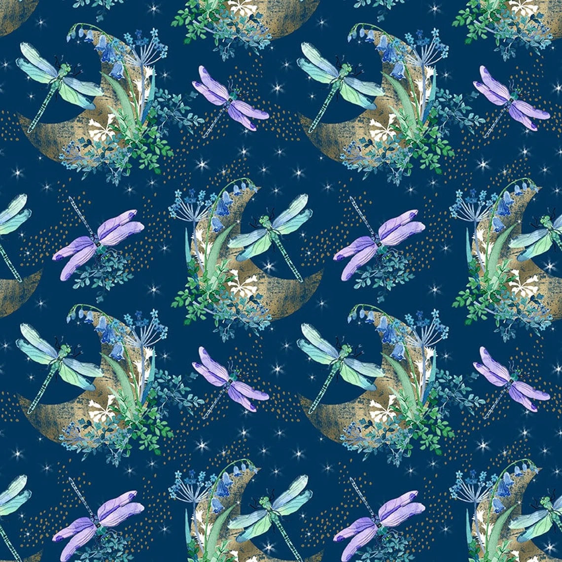 Gypsy Flutter Crescent Moons Dragonflies Flowers Dark Blue Elsie Ess Blank Quilting Cotton Fabric