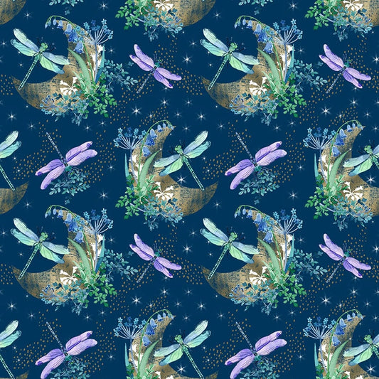 Gypsy Flutter Crescent Moons Dragonflies Flowers Dark Blue Elsie Ess Blank Quilting Cotton Fabric