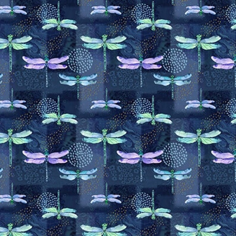 Gypsy Flutter Dragonflies Dark Blue Elsie Ess Blank Quilting Cotton Fabric