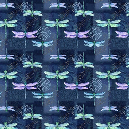 Gypsy Flutter Dragonflies Dark Blue Elsie Ess Blank Quilting Cotton Fabric