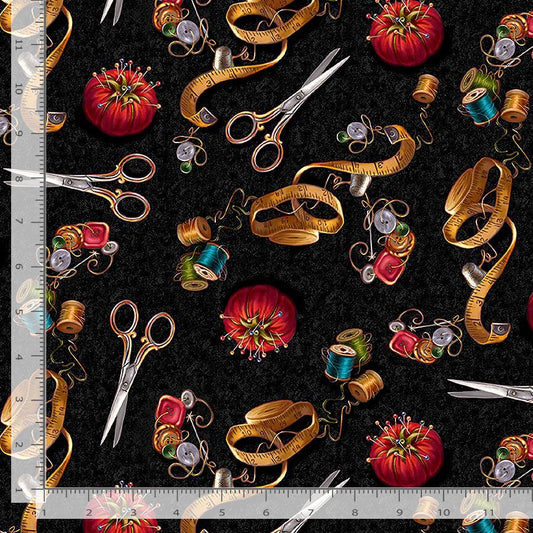 Happy Place Sewing Tools Black Dona Gelsinger Timeless Treasures Cotton Fabric TT-DONA-CD3352-BLACK