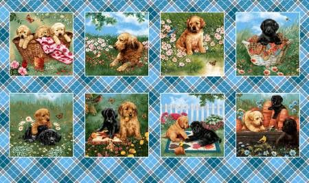 Pups in the Garden Block Dog Panel 24" Cyan Blue Roberto Giordano Henry Glass Cotton Fabric HG-9340-17 | US Fabric Shop