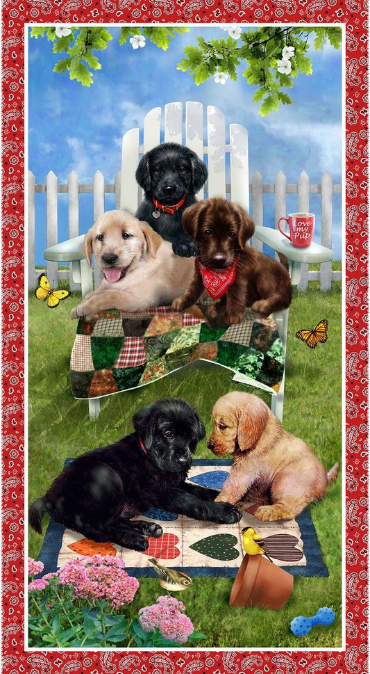 Pups in the Garden Banner Dog Panel 24" Roberto Giordano Henry Glass Cotton Fabric