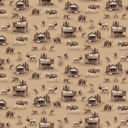 Woodland Whispers Cabins and Animals Light Brown Jan Shade Beach Henry Glass Cotton Fabric