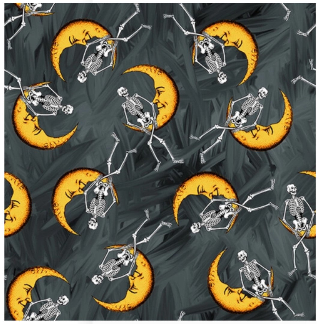 Halloween Countdown Skeletons Crescent Moons Glow Black Urban Essence Blank Quilting wide Cotton Fabric